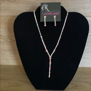 Rose Pink Rhinestone Necklace & Earring Set